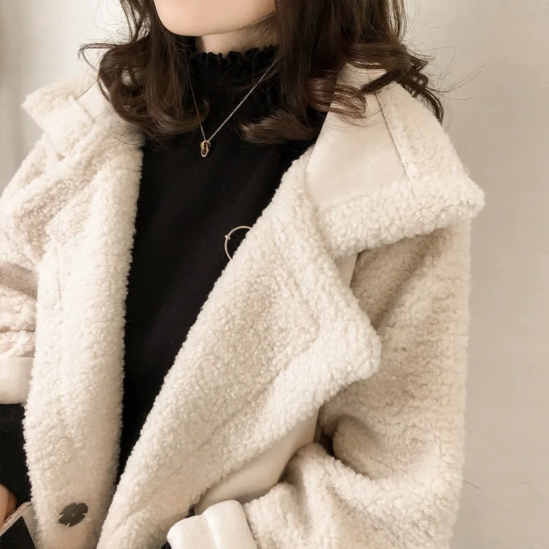Lamb wool solid color jacket for women 2023 new Korean version loose BF style fur integrated plush motorcycle jacket top trend