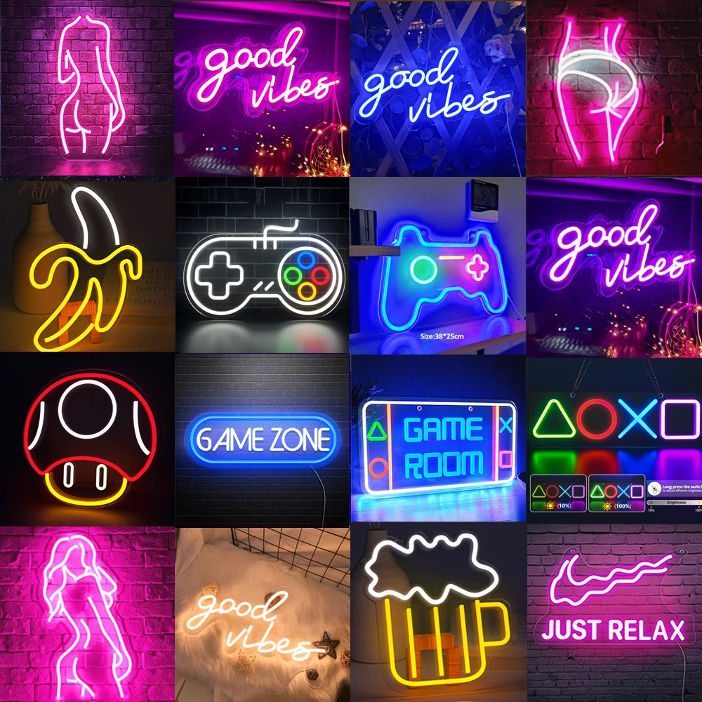 Luzes decorativas do jogo do néon, sinal do ícone, controle do jogo do PS4,  boas vibrações, jogo do cogumelo, suspensão da parede, barra, decoração  Home - AliExpress