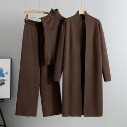 Women's 3-Piece Fashion Knitted Cardigan and Pant Set - One Size (Coffee)