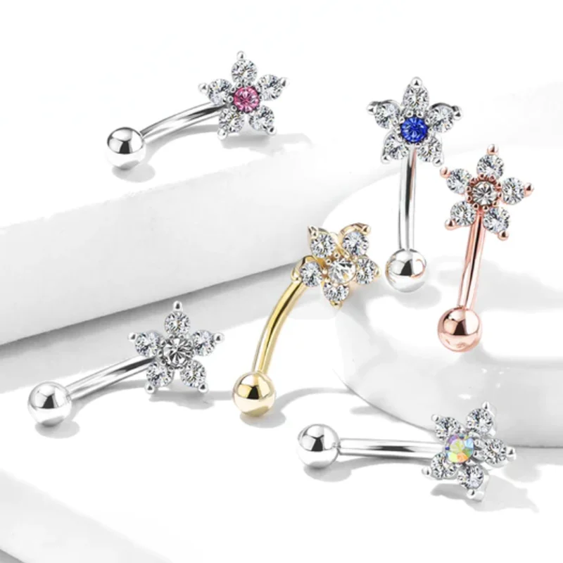 Elegant Heart Crystal Curved Barbell & CZ Star Eyebrow Ring Set - 3-Piece Collection