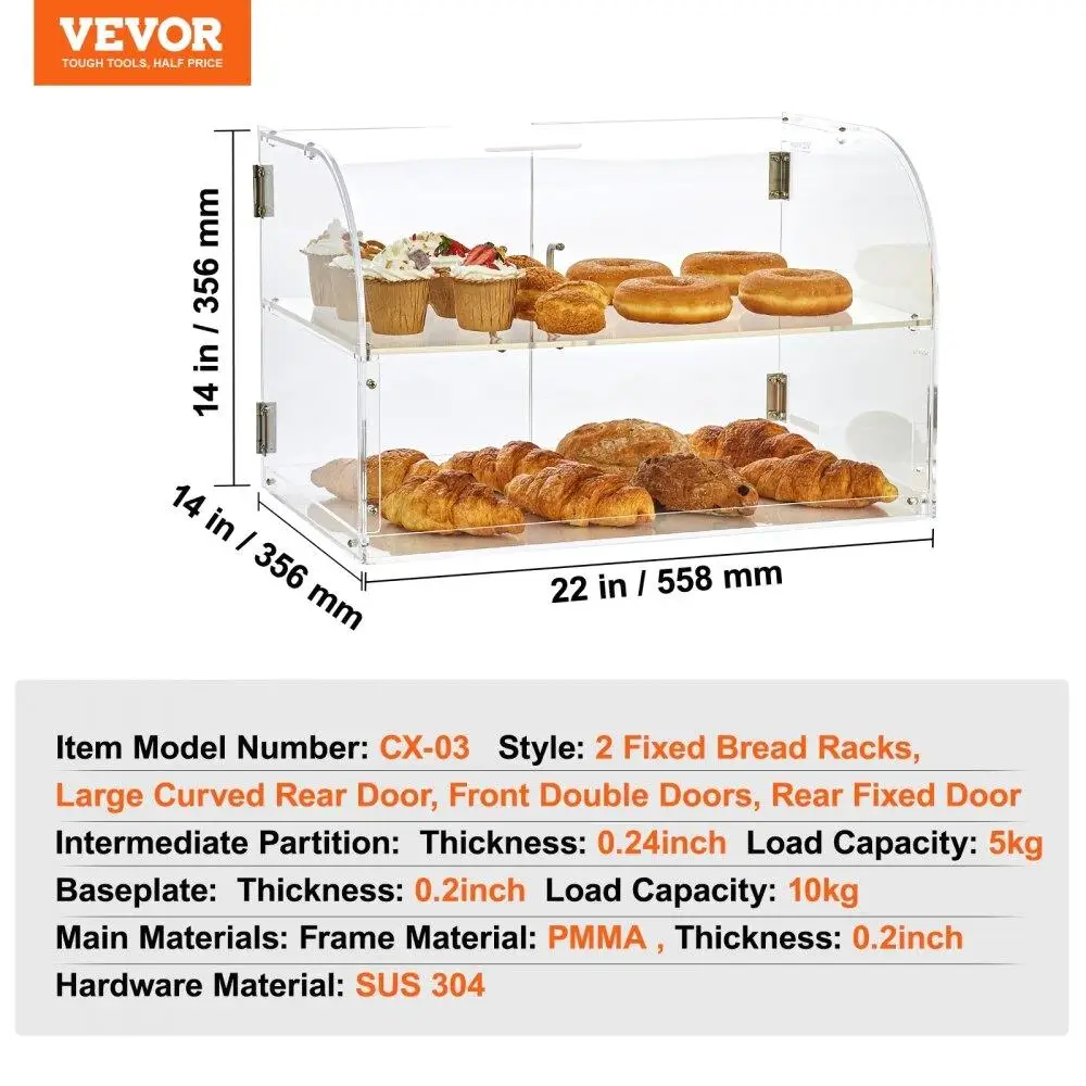2-Tier Acrylic Bakery Display Case with Rear Door, Removable Shelves-Perfect for Donuts, Bagels, Cakes & Cookies, 22x14x14