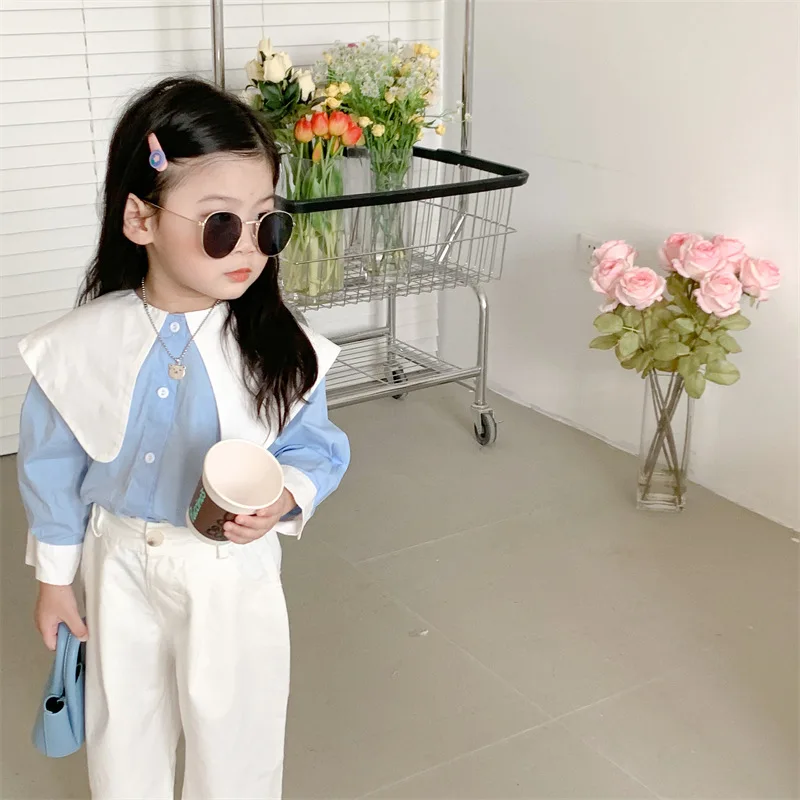 Shirt Top Cute Sweet Spring Autumn Korean Girl Contrast Color Lapel College Long Sleeve Leisure Active