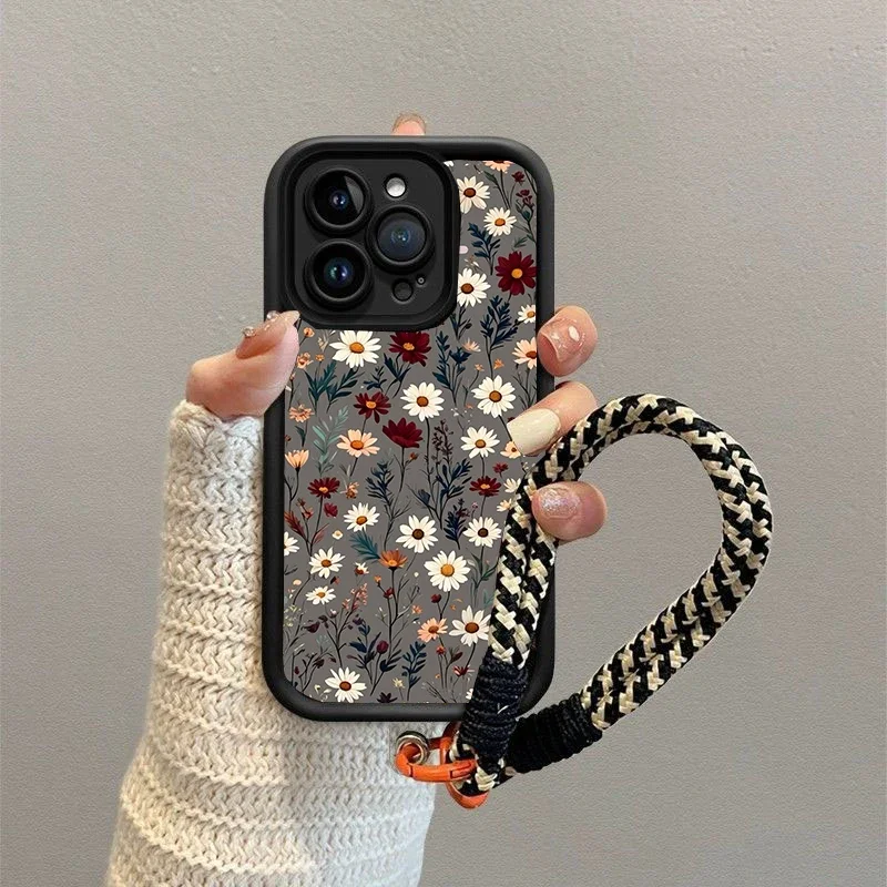 Retro Flower Lanyard Matte Soft TPU Phone Case