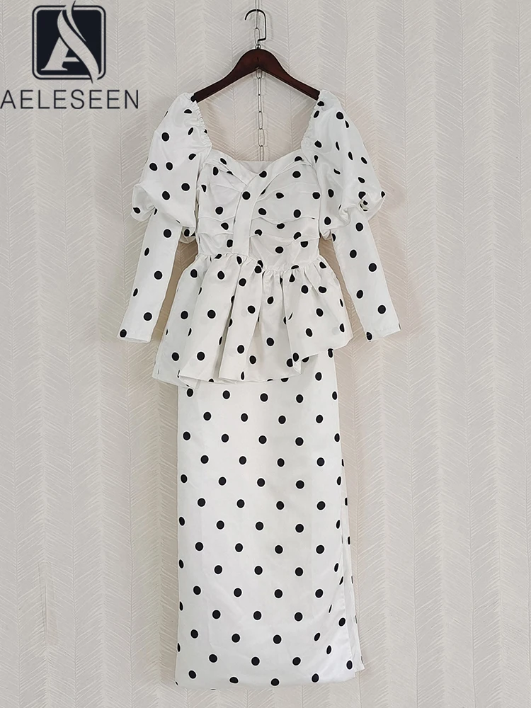 

AELESEEN Office Ladies Dots Dress Women Spring Summer V-Neck Ruffles Pleated Patchwork Split High Waist ELegant Spliced Party