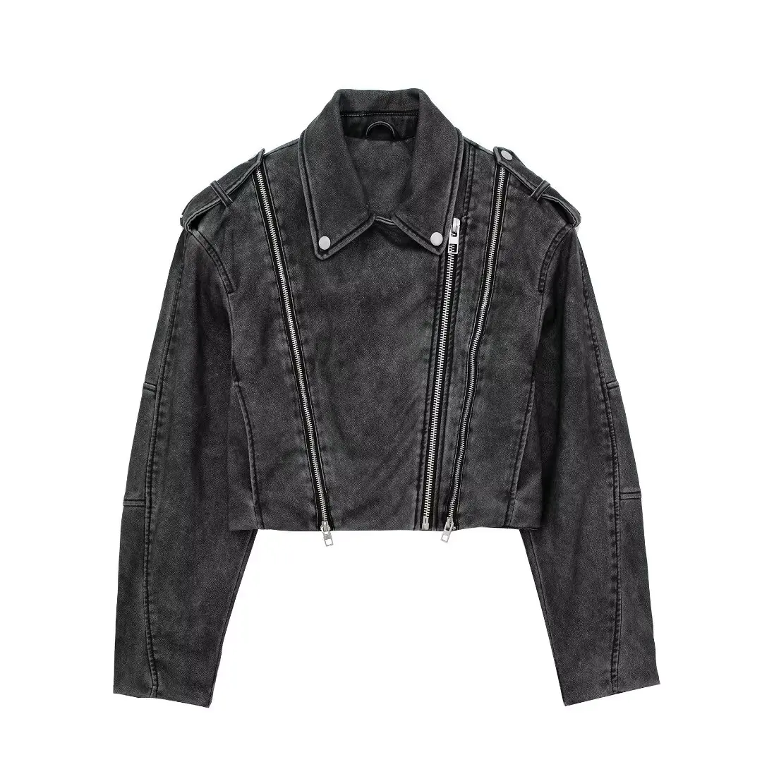 

Women New Fashion Old Effect Faux Leather Biker Jacket Coat Vintage Long Sleeve Zipper All-match Casual Female Outerwear Chic