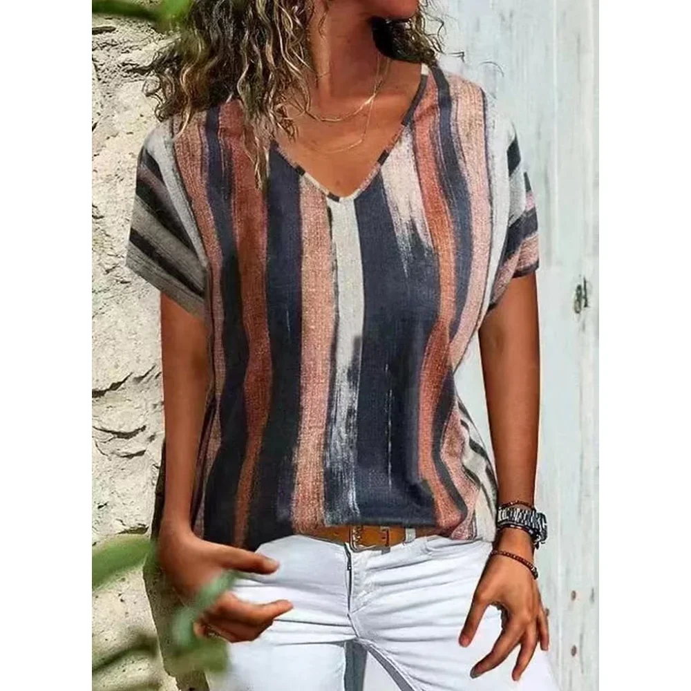 

Retro Patch Design, Plaid Print, Women's Short Sleeved Top, Casual and Versatile V-neck, Harajuku Summer Short Sleeved T-shirt