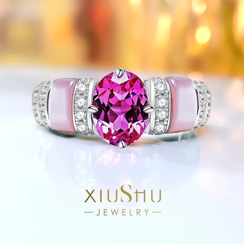 

Light Luxury 925 Sterling Silver Pink Tourmaline Ring for Women Set with High Carbon Diamond Powder Shell Style Wedding Jewelry