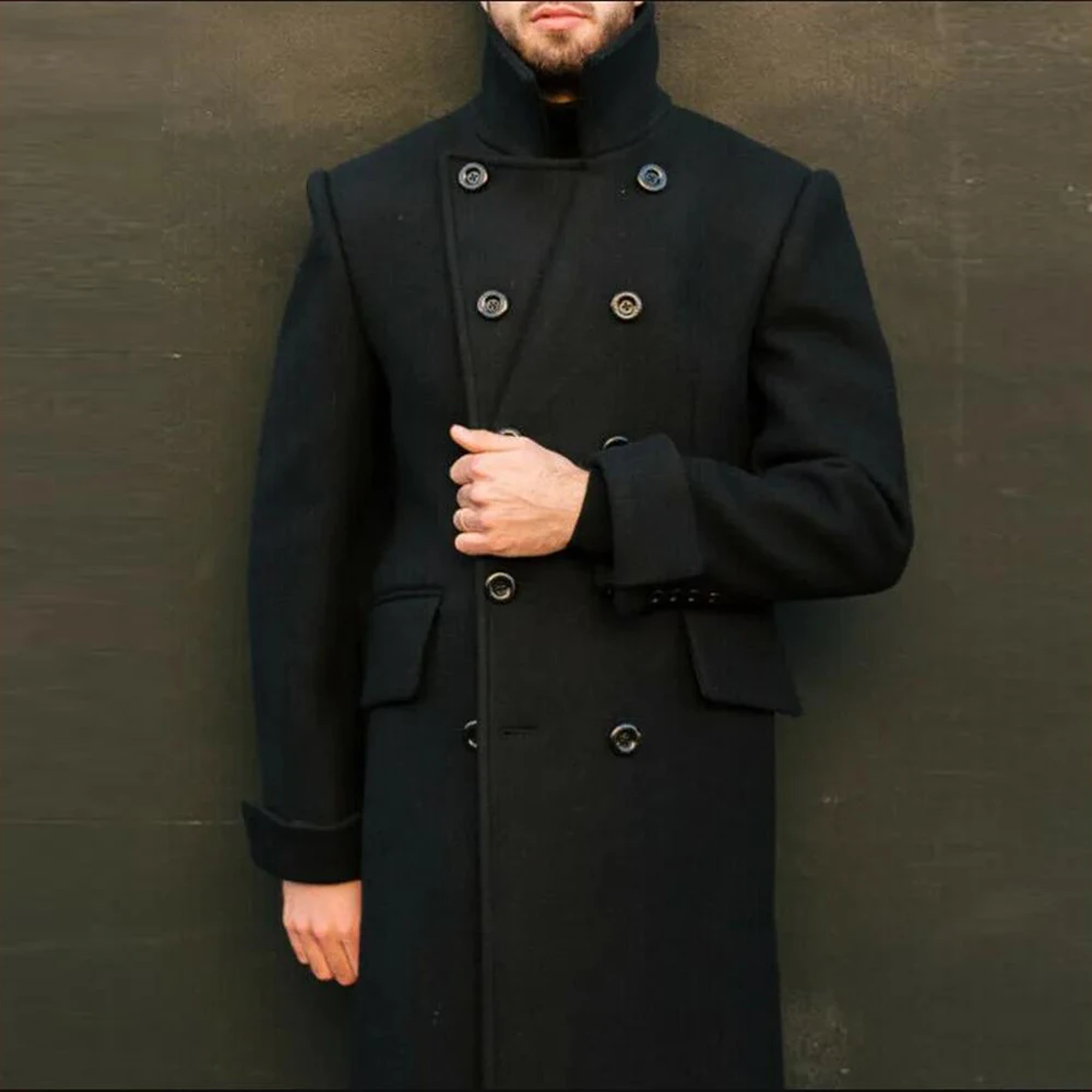 

Black Man Long Coat Double Breasted Woolen Blend Men's Suit Jackets Winter Warm Overcoat Custom Made Blazer Outwear Groom Tuxedo