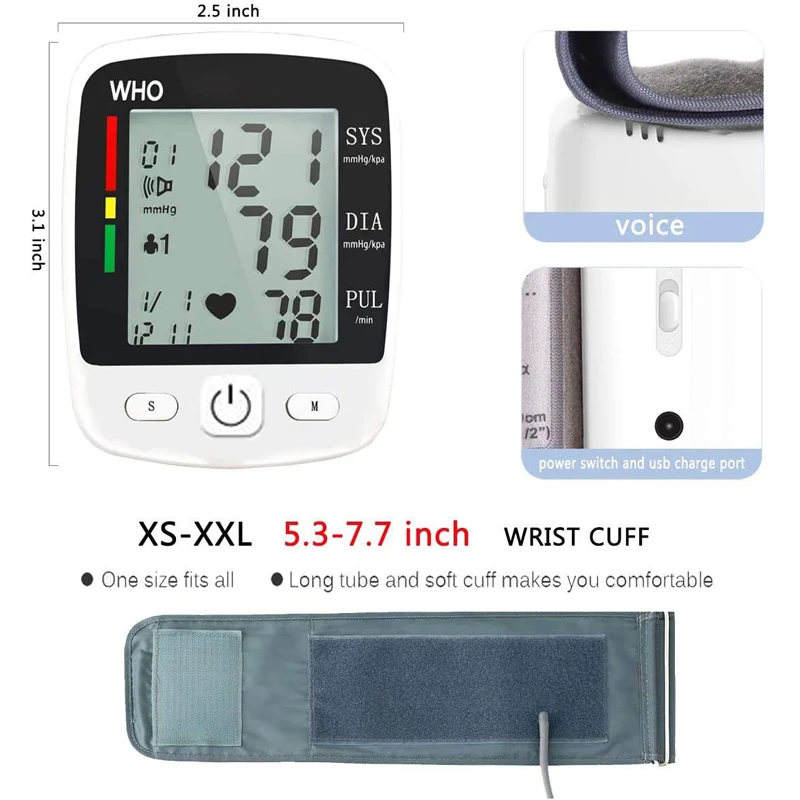 Rechargeable Electronic Wrist Blood Pressure Monitor, with