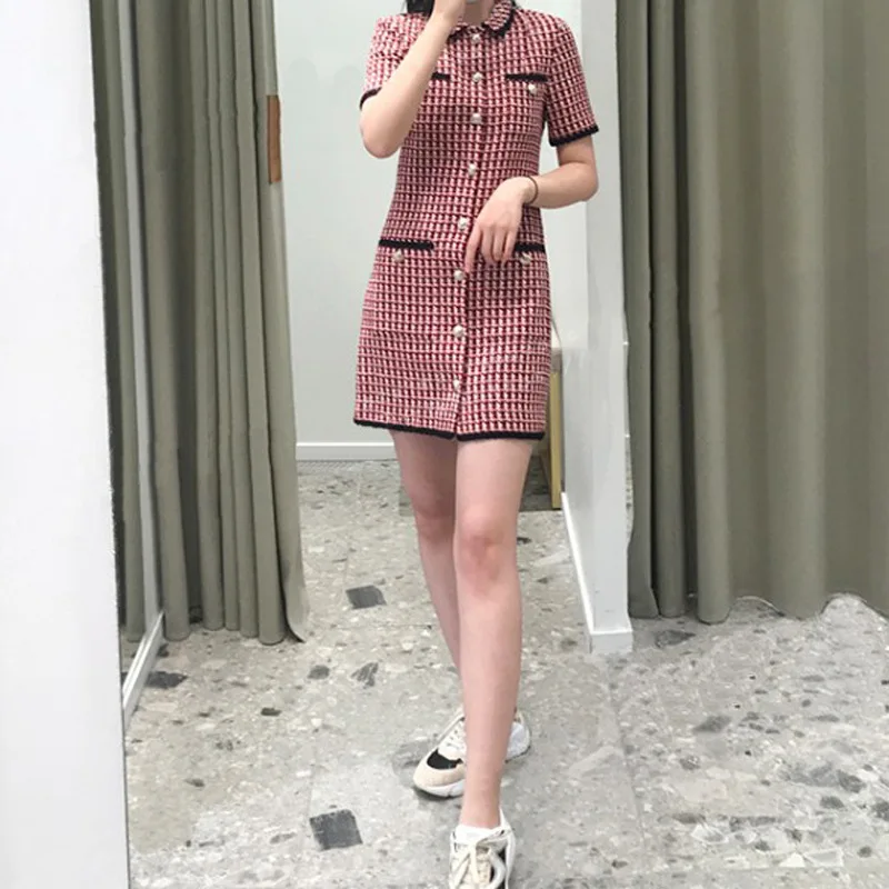 

French Elegant M Family Spring/Summer New Brushed Tweed Small Fragrance Style Ribbed Slim Fit Short Sleeve Dress