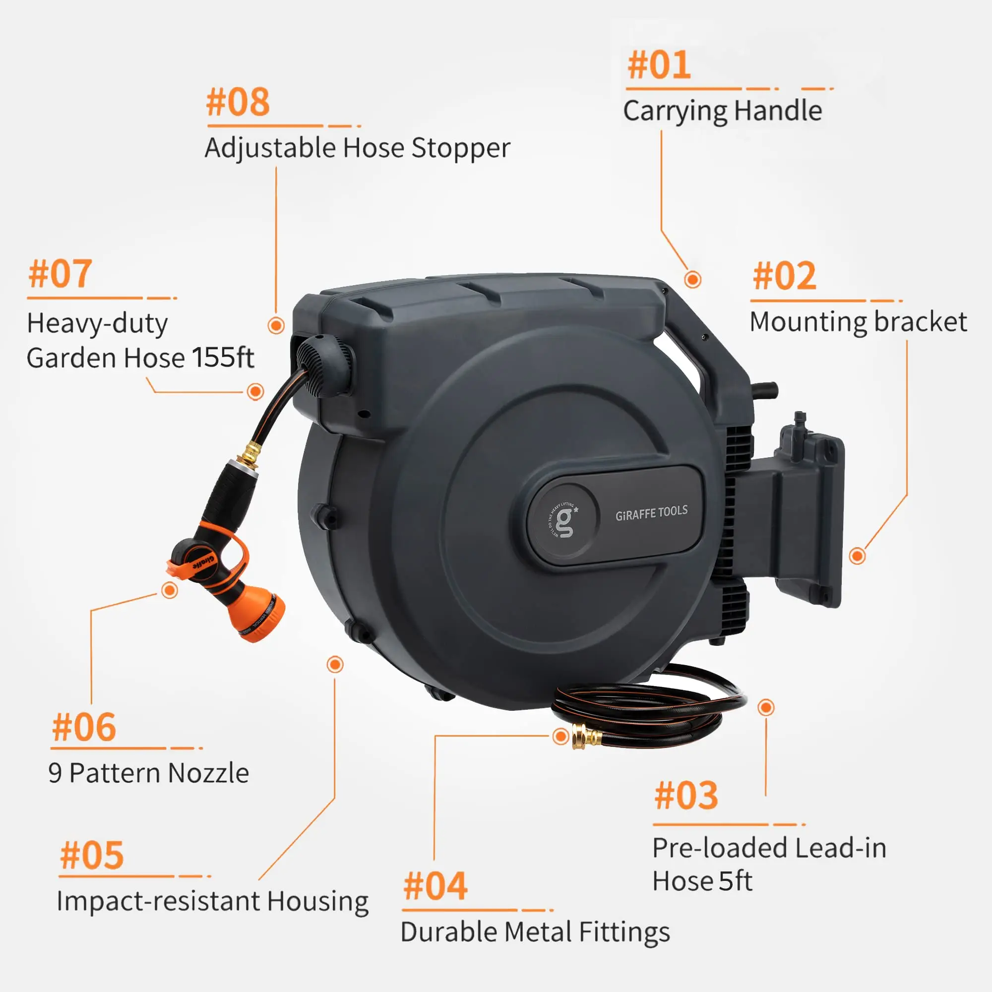Giraffe Tools AW50 Hose Reel 1/2" x 155 ft, Heavy Duty Retractable Garden Hose Reel with Any Length Lock, Slow Return System 3