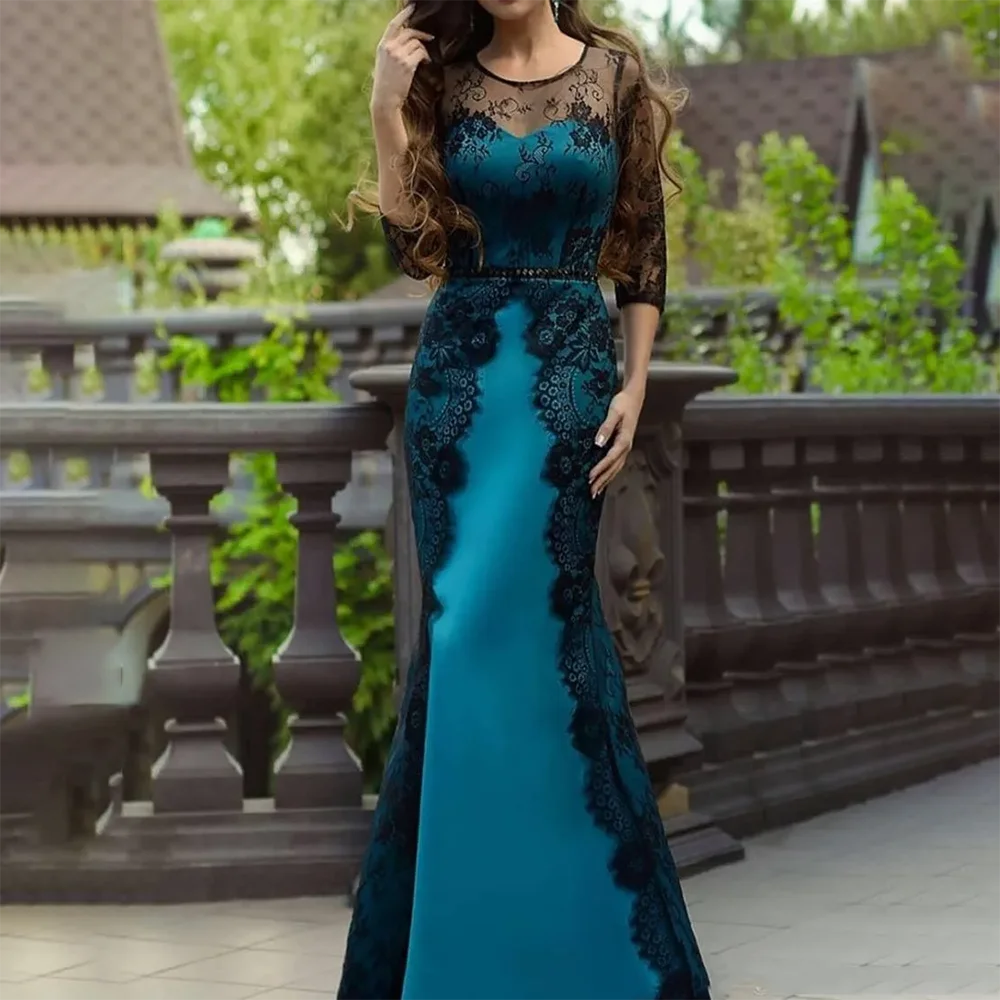 

Mermaid Lace Mother Of The Bride Dresses Long Sleeves Plus Size Jewel Neck Floor Length Evening Gowns