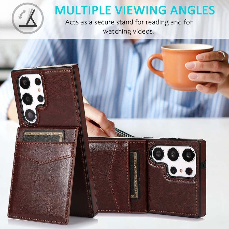 Elegant Solid Color Leather Wallet Case with Card Flip and Bracket