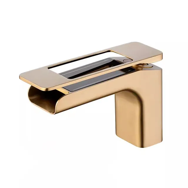 Brushed Gold Brass Mixer,Basin Fcucets,Hot & Cold Sink Waterfall Tap,with LED Temperature Display,Single Handle,Deck Mounted,New 7