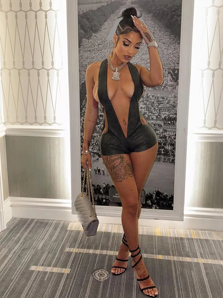 Nibber Backless Playsuit Woman Faux Leather Halter Deep V-Neck Side Hollow Design Lace-Up Hottie Wild StyleSexy Fashion  Rompers