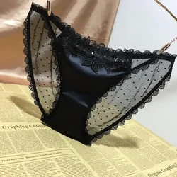 Elegant Satin Lace Embroidered Transparent Women's Underwear - 1pc (Black)