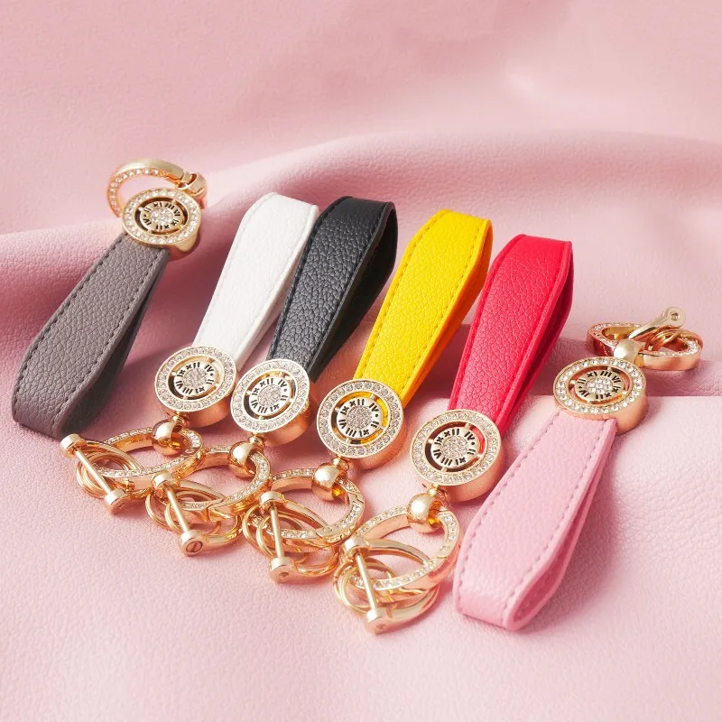 다이아몬드 장식 금속 키체인 블랭크 레이저 맞춤 로고 PU 가죽 원형 하드웨어 키링 개인 맞춤 이름 가방 액세서리