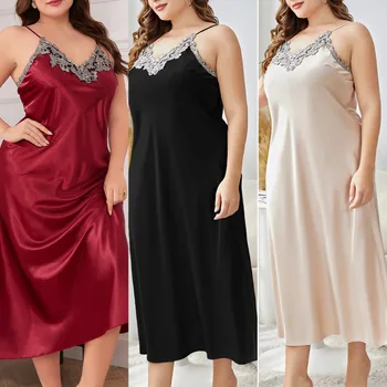 Fashion Solid Color Plus Size Sleepwear Women Sexy Imitation Silk Suspender Nightgown Leisure Home Clothes Spring Summer Pajamas
