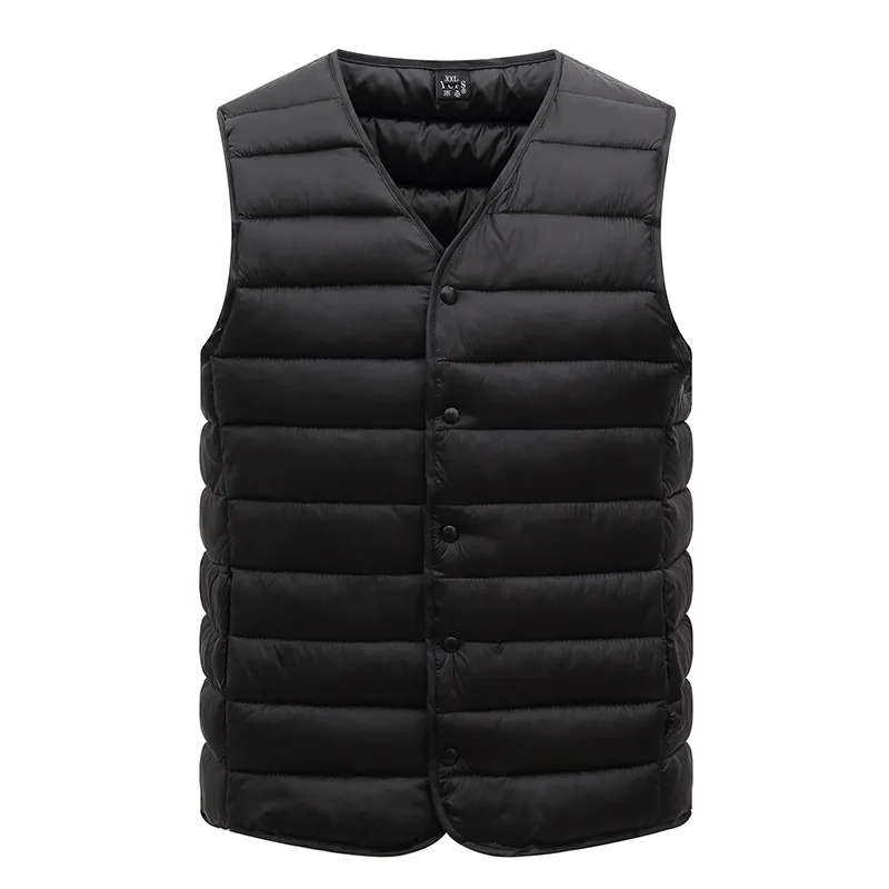 L-5XL 남성 울트라 라이트 다운 코튼 조끼 자켓 남성 겨울 따뜻한 라이너 v 넥 민소매 조끼 코트 중년 노인 아빠의 C