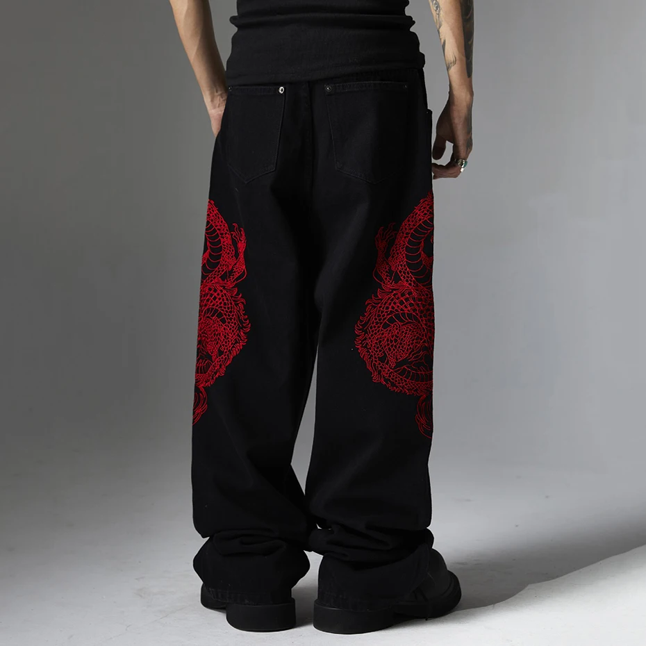 Dragon Embroidery Baggy Jeans Men Streetwear Hip Hop Black Loose Denim Pants 3