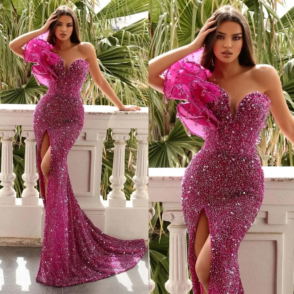 

Kadisua Sexy Evening Dress Sleeveless One Shoulder Side Split Sequined Beads Sweep Train V-Neck Special Occasion вечернее платьe