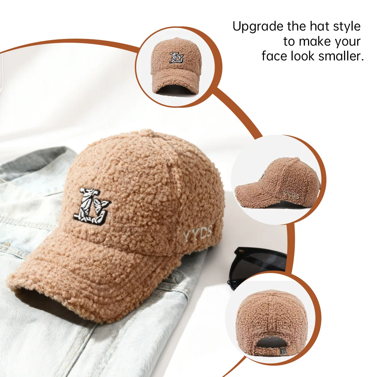 New Lamb Wool Plush Hat for Women, Autumn and Winter, Makes Face Look Smaller, Baseball Cap for Large Head Circumference, Warm Embroidered Thickened Peaked Cap