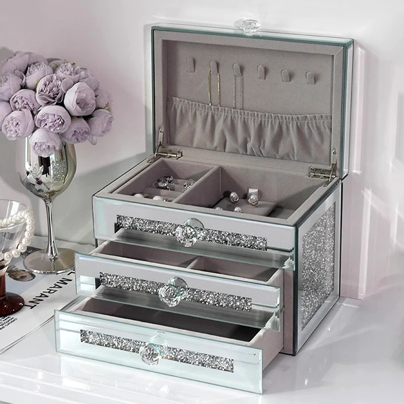 Silver Glass Jewelry Storage Box Luxury 3 Layers Large Capacity Jewelry Boxes Earrings Necklace Makeup Drawer Organizers Gifts 2