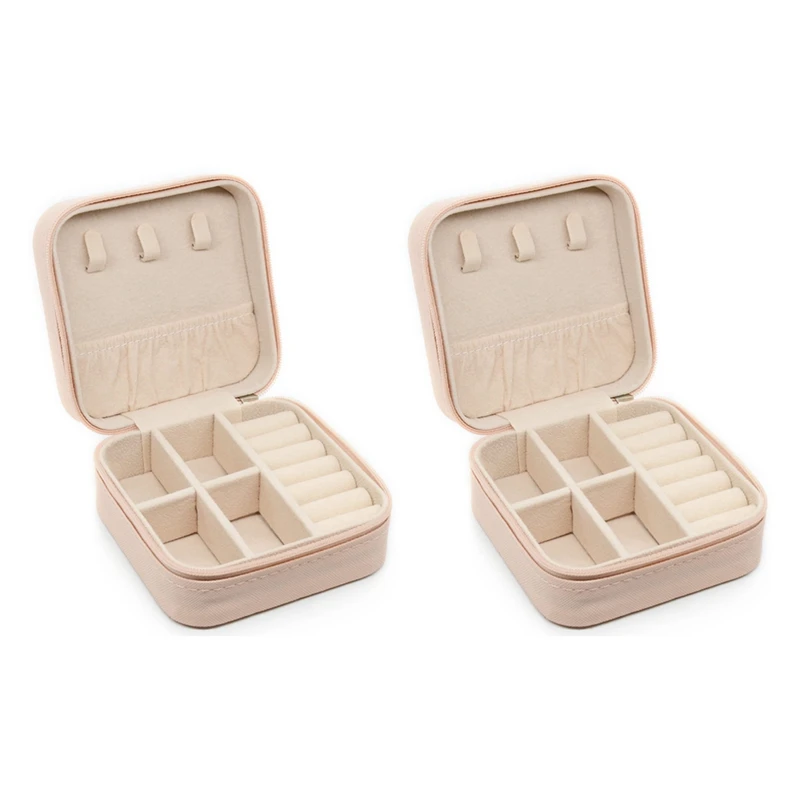 

2Piece Portable Jewelry Storage Box Organizer Display Travel Jewelry Zipper Case Box Pink
