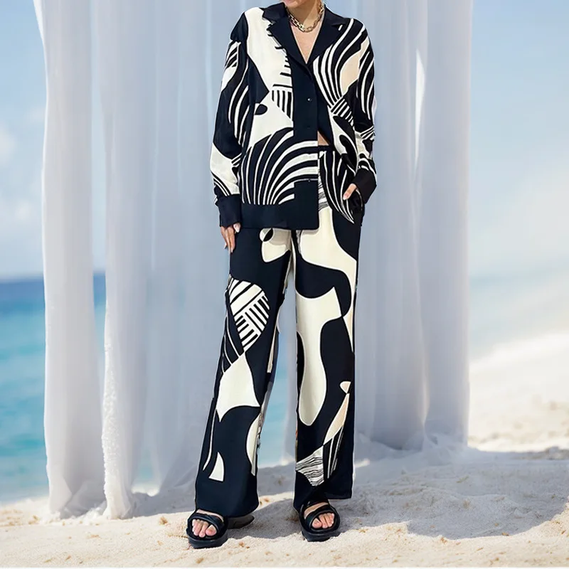 New Women Digital Print 2 Piece Set Chic Lapel Long Sleeved Blouse Top Loose Straight Leg Pants Suit Fashion Streetwear Outfits