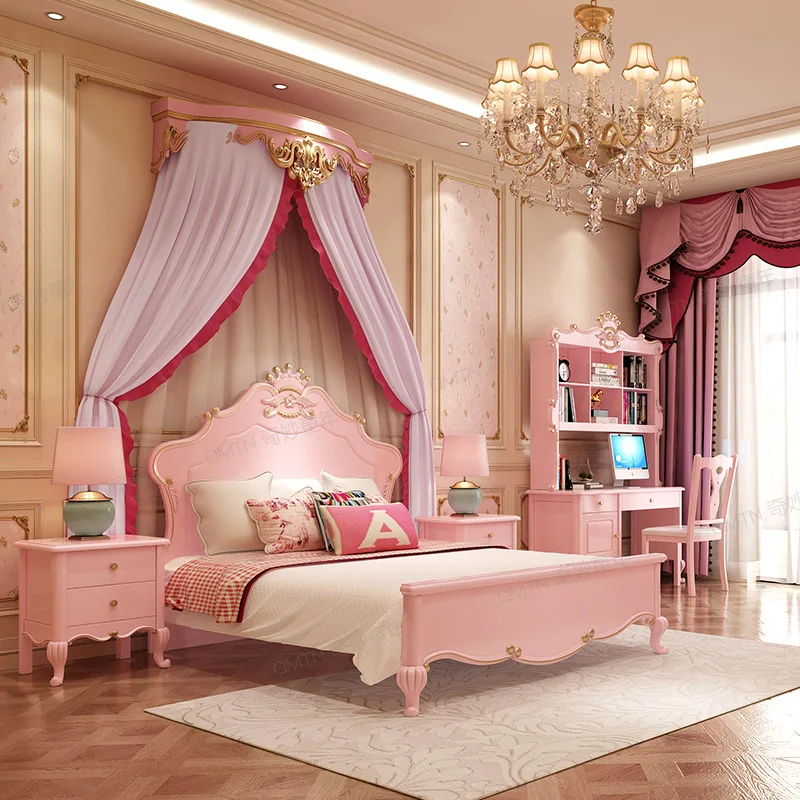 Children's furniture European desk bookshelf combination simple solid wood computer table princess white table bedroom writing d