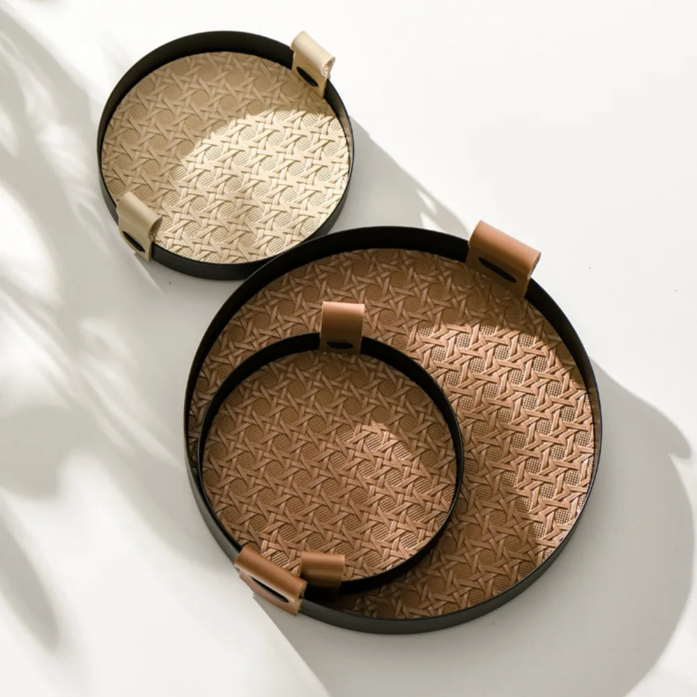 라운드 등나무 격자 무늬 가죽 트레이, 일본 차 트레이, 디너 케이크, 디저트 트레이, 캔디 파티, 커피 테이블, 팬트리 정리함 