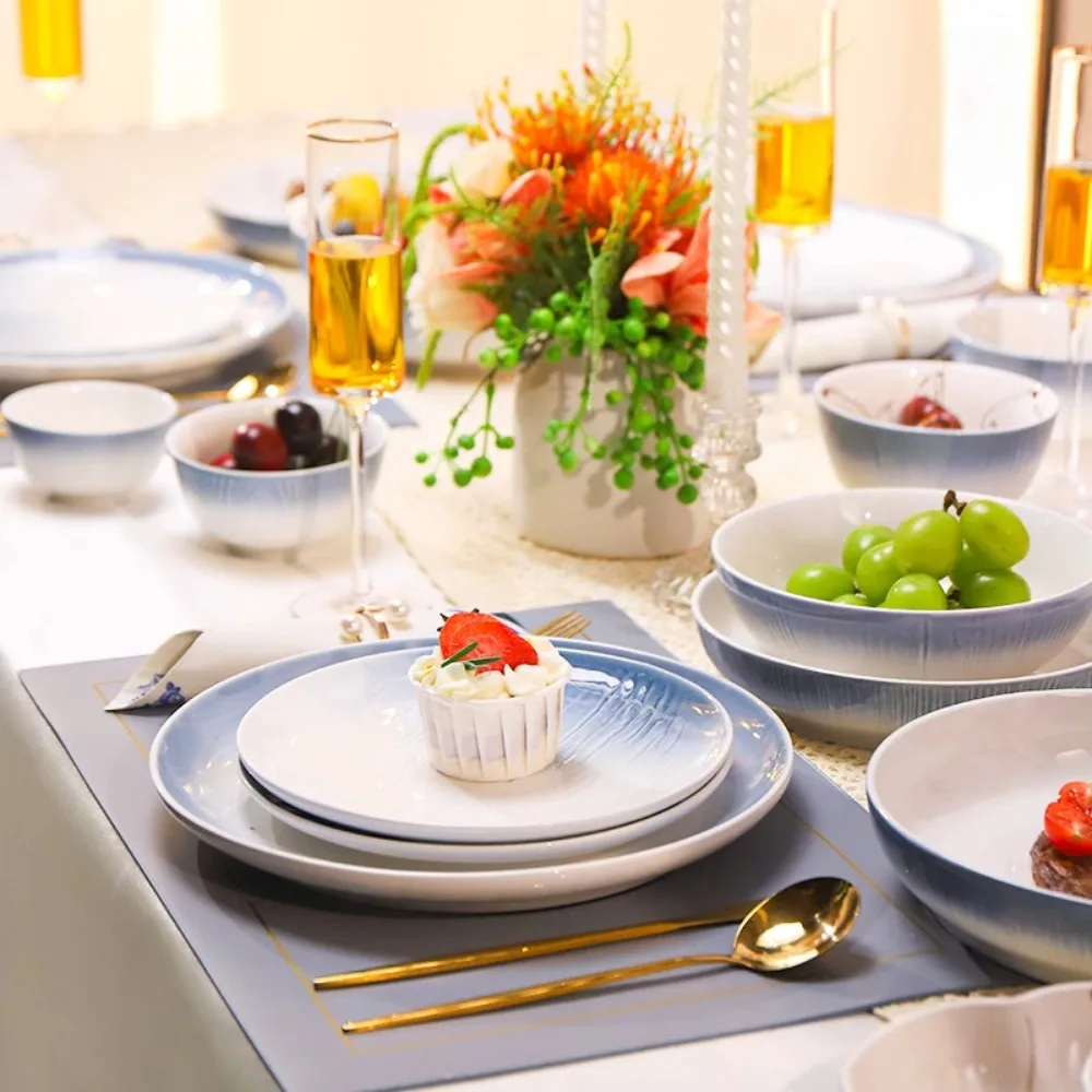 Handmade Ceramic Dinnerware Sets-Reactive Glaze Plates Bowls, Dishwasher Microwave Safe, Blue Relievo Design，Durable Dishes Set