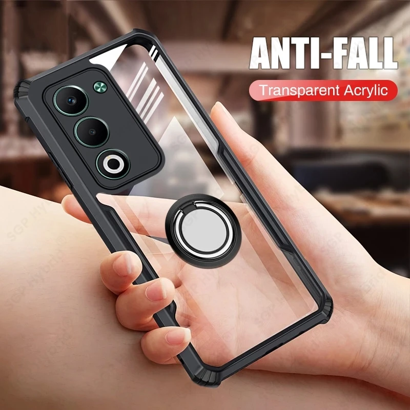 Transparent Acrylic Back Cover with Magnetic Holder Ring - Shockproof Case
