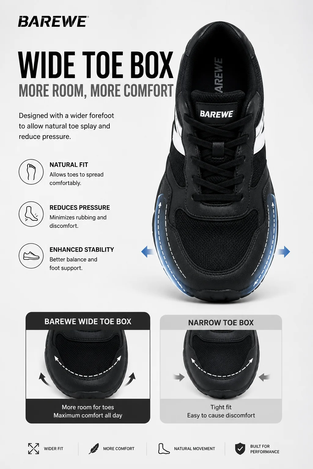 Barewe Men's and Women's Athletic Shoes: Wide-Last, Wide-Fit, Walking Shoes, Comfortable, Barefoot-Style, Daily Training Shoes w 1