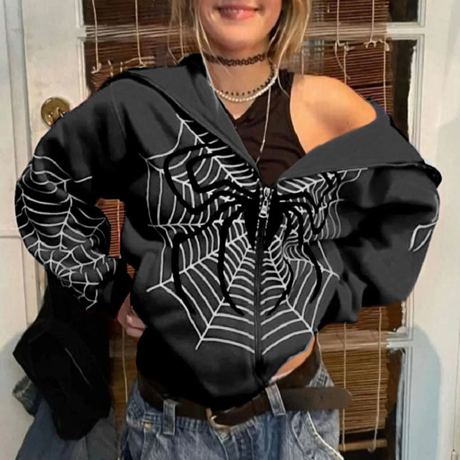 

Women Gothic Print Hoodie Retro Full Zip Up Long Sleeve Sweatshirts Autumn Winter Hip Hop Loose Jacket Coats High Street Outwear