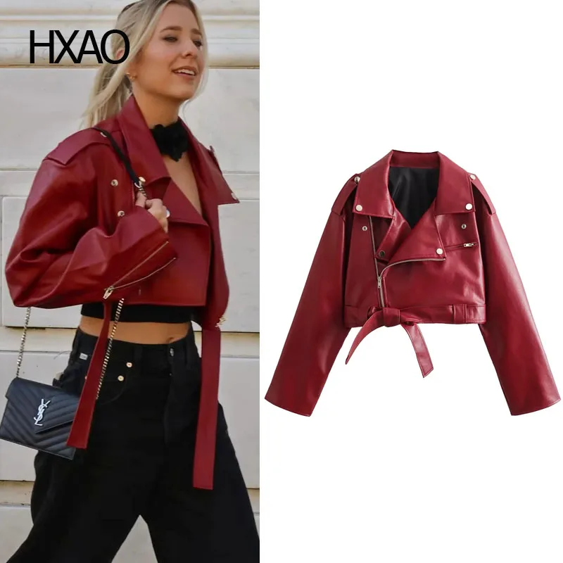

HXAO Vintage Red Cropped Faux Leather Jacket for Women Autumn Fashion Crop Leather Jackets Winter Long Sleeve Coats Streetwear