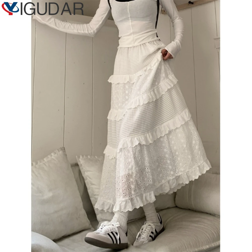 

French Chic Embroidery Maxi Skirt women White Casual Summer Sheer Hollow Out Ruffles Ladies Skirt Female Falda