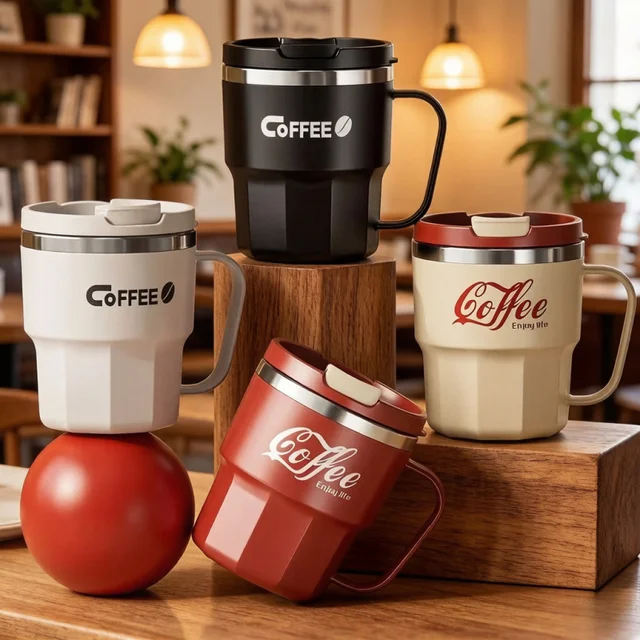 WORTHBUY 400/480ml 304 Stainless Steel Coffee Cup with Lid & Handle, Double Layer Insulated Mug Reusable Drinkware 1