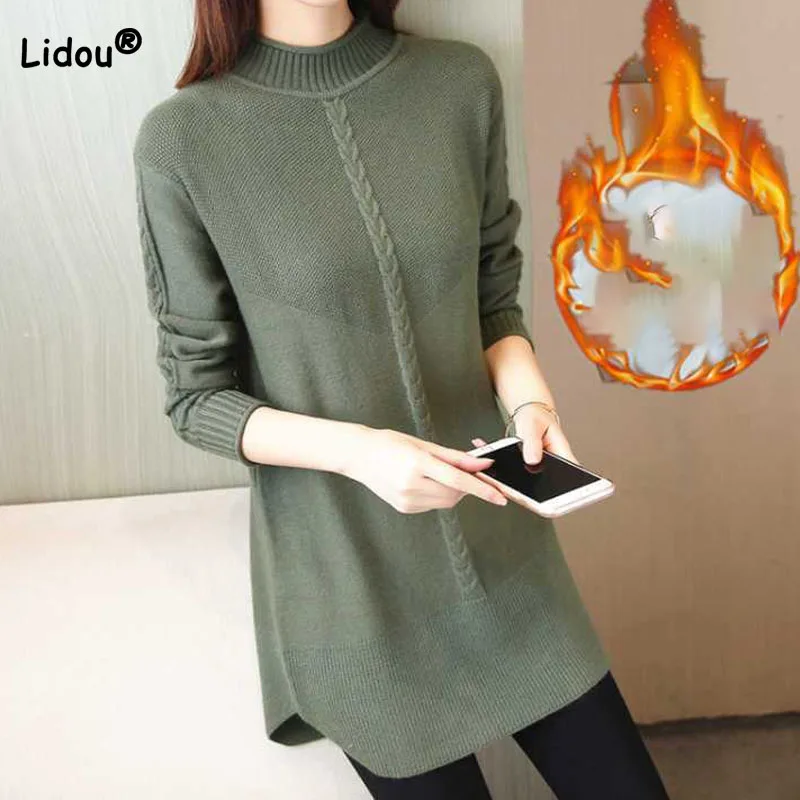 

Korean All-match Half High Collar Midi Sweaters Autumn Winter Simplicity Warm Solid Color Long Sleeve Knit Pullovers for Female