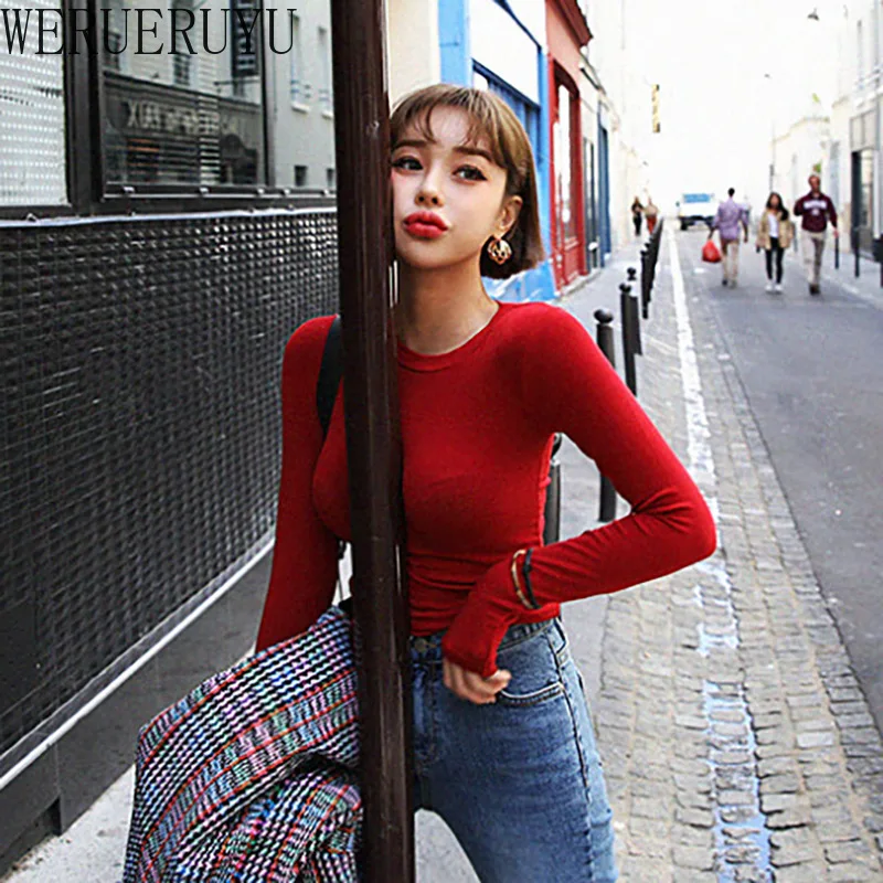 여성용 레드 섹시 티셔츠 스트리트웨어 Y2k 의류, 긴 소매 상의, 미적 한국 패션, 가을 겨울 우아한 티셔츠 2023