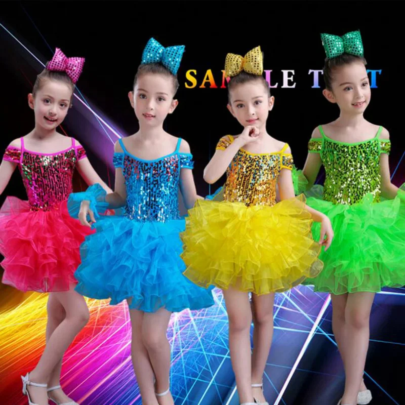 

4 Colors Girl Princess dance wear Dress Ballroom Party Sequined Choir Performance clothes Thick Disorderly Yarn Dancing Outfits