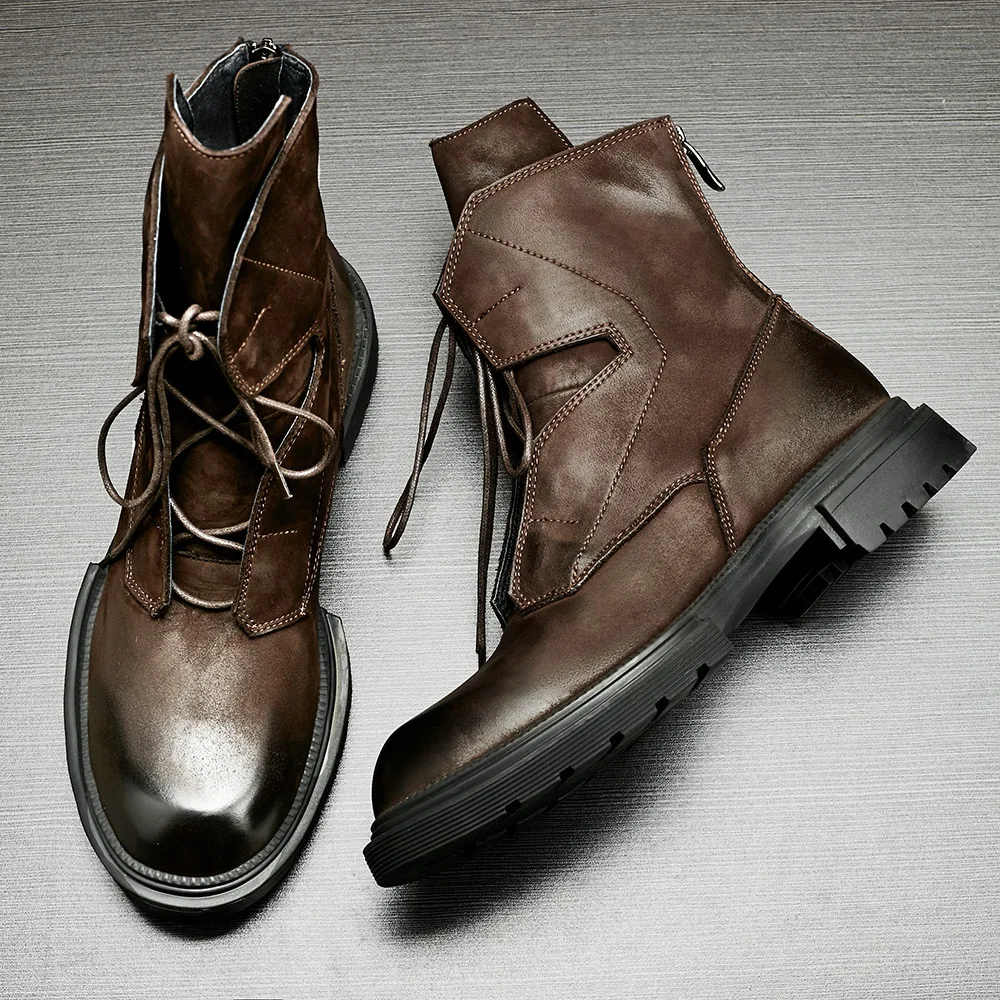 Motorcycle Boots Men High-top Platform Leather Boots Winter Fleece