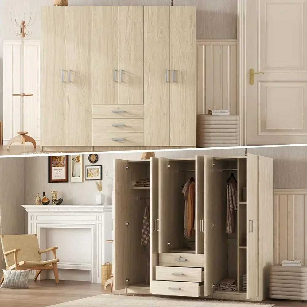 Large Wardrobe Closet 6 Doors, Wooden Wardrobe Cabinet with Big Drawers, Bedroom Armoire Dresser Wardrobe Clothes Organizer 5