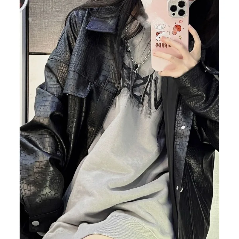 DAYIFUN Oversized Loose Jackets Women Spring Autumn New Leather Long Sleeve Coats Female Embroidered Design Jacket Couples Tops