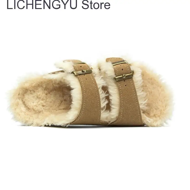 New Fur Inside Cork Slipper Autumn Winter Women Casual Nubuck Leather Outside Men Buckle Soft Plush Slides Shoe