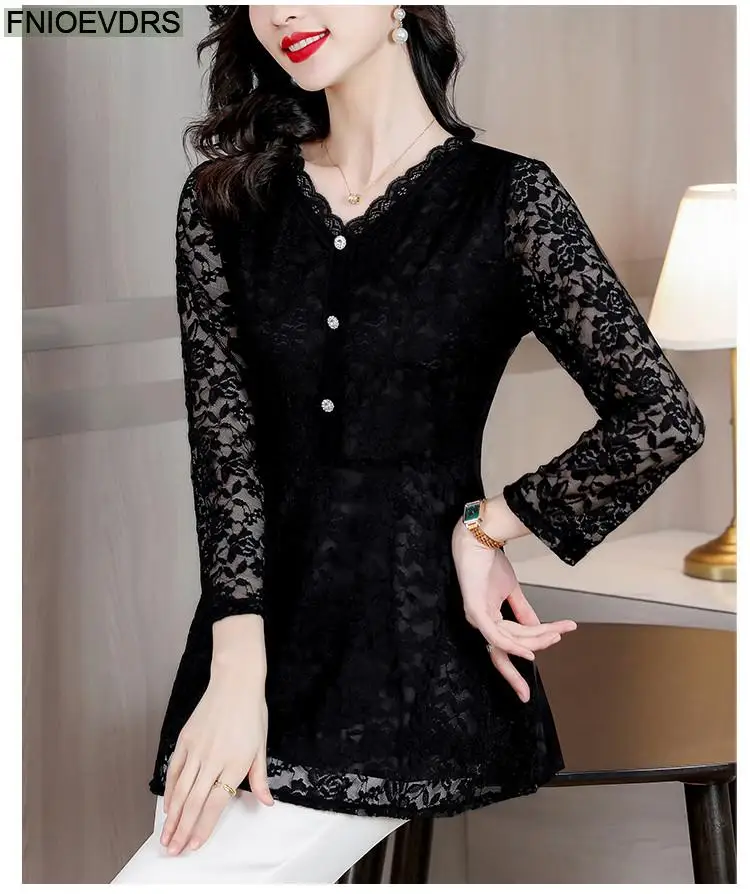 M-4XL 2023 Women Hot Sales Elegant Office Lady Work Button Black Lace Shirt Casual Belly A Line Tunic Peplum Tops And Blouses