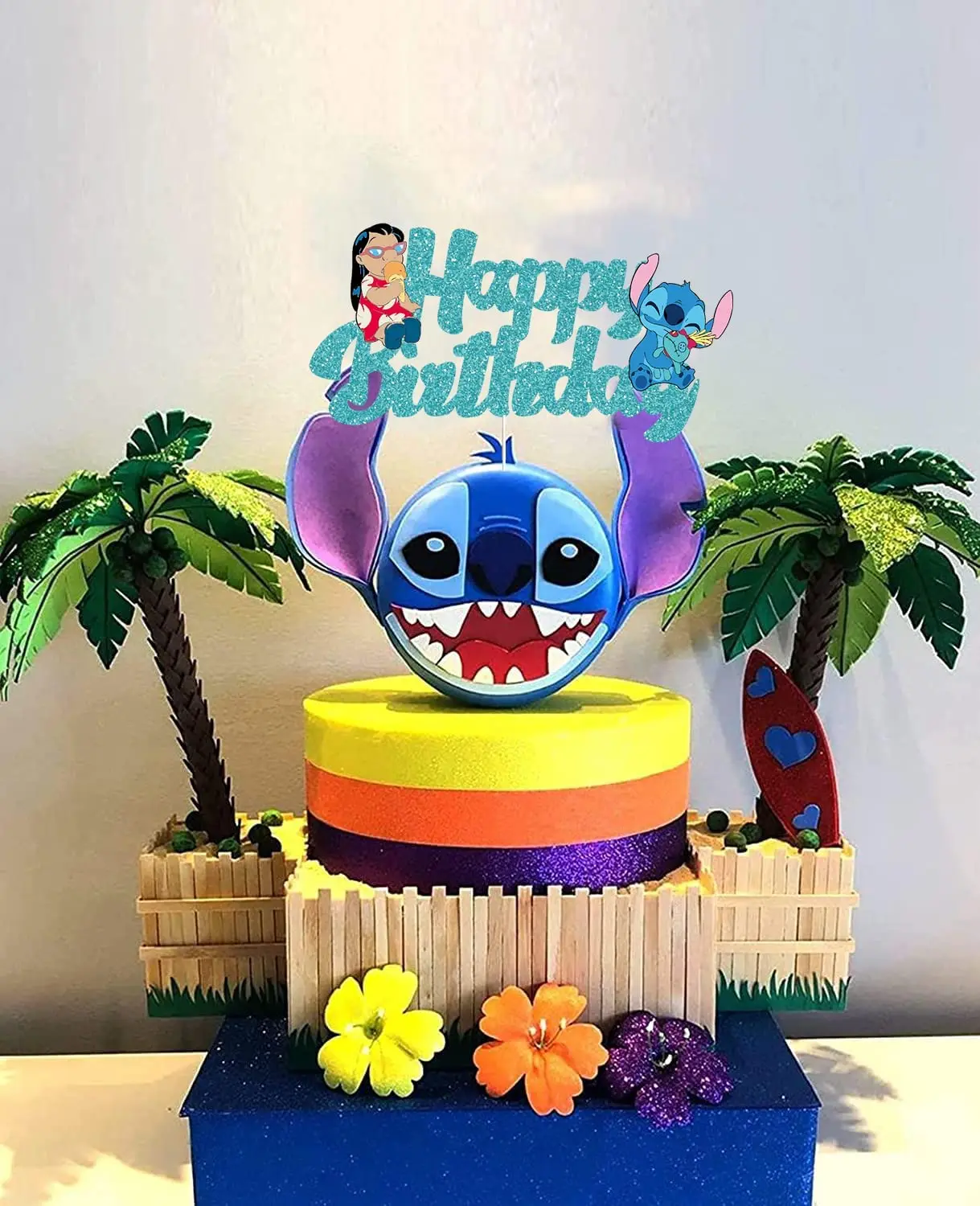 Lilo & Stitch Blue Glitter Cake Topper ​Happy Birthday Decors for