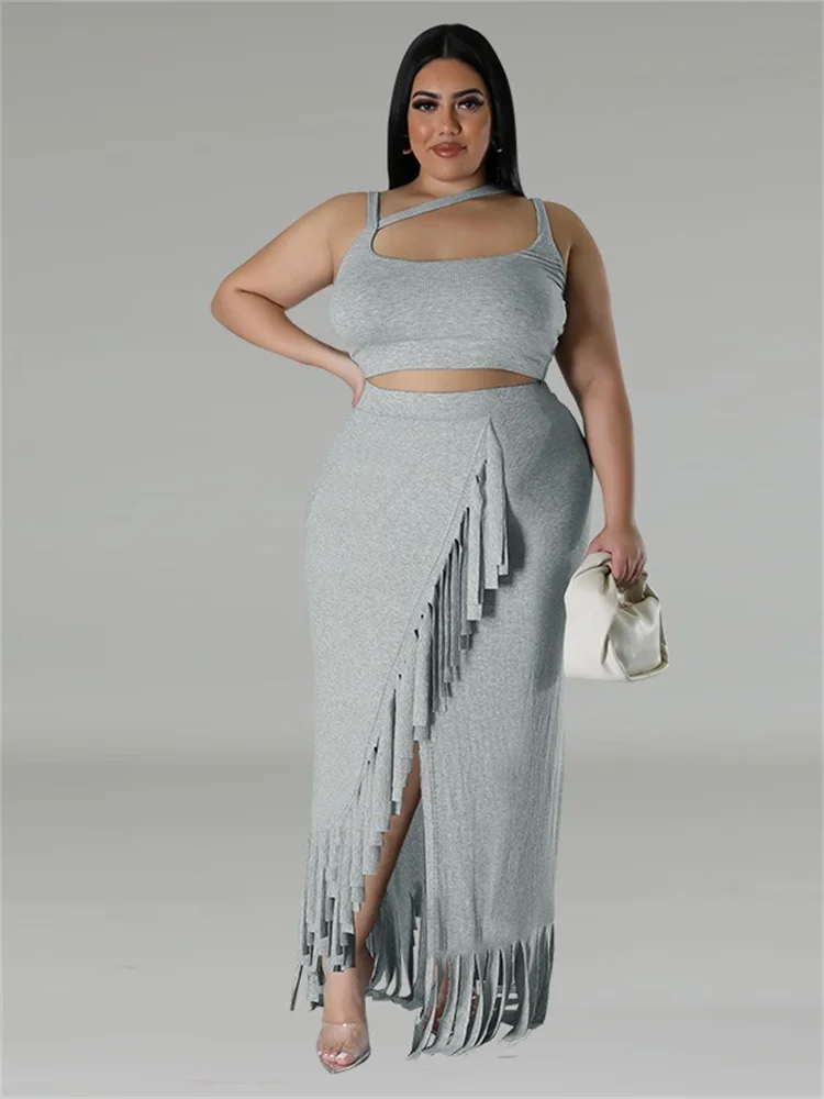 Wmstar Plus Size Two Piece Set Women Summer Sexy Crop Top Long Skirt Sets Tassel Casual Matching Suit Wholesale Drop Shipping