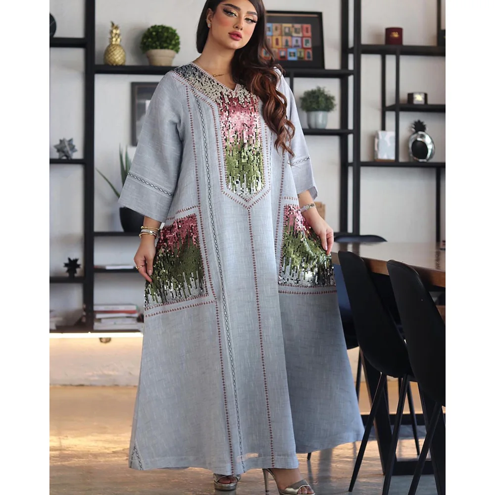 

Moroccan Djellaba Sequins Abaya Muslim Women Loose Maxi Dress Turkey Arabic Kaftan Eid Party Islamic Dubai Robe Ramadan Jalabiya