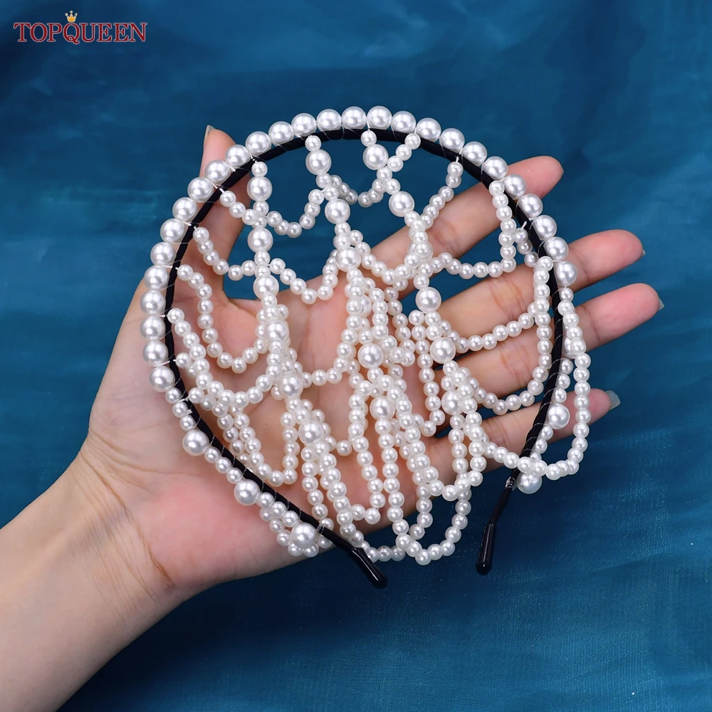 TOPQUEEN S101-D Handmade Wedding Headband Luxury Flower Pearl Baroque Headwear Jeweled and Diamonds Headpiece for Bridal Party